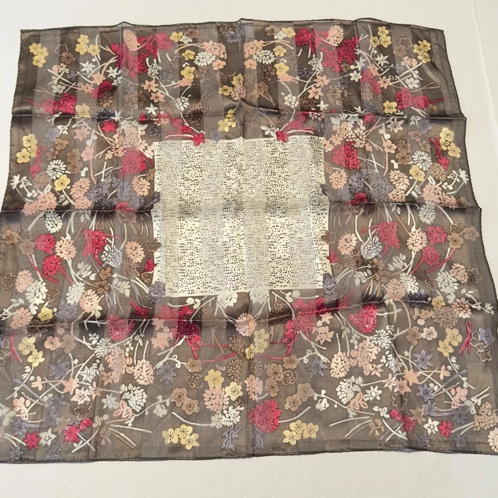Floral Silk Square‎ Scarf Brown Red Sheer Printed in Korea Vintage 90s Y2K